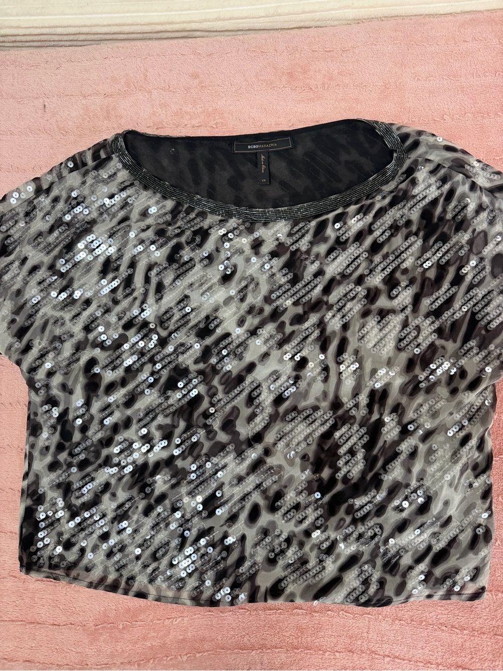 BCBGMaxAzria Black and Silver Sequin Animal-Print Short Sleeve Top